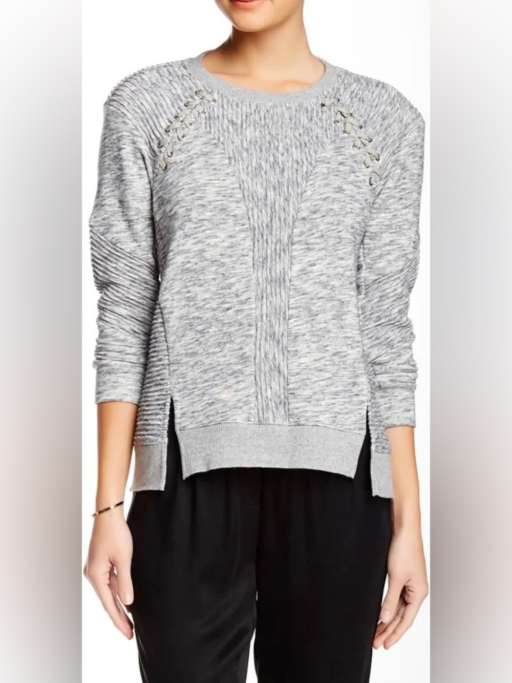 Rebecca Taylor Ottoman Gray Lace Up Sweatshirt Women's L Minimalist Cozy